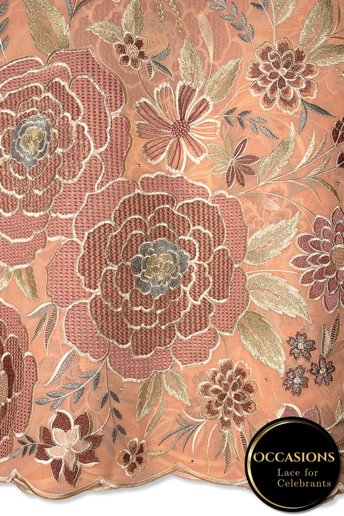 OCL208-PCH - Big Voile Lace, Made In Austria - Peach, Burgundy, Ash & Gold
