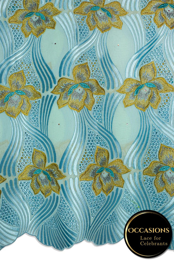 OCL209-AQU - Big Voile Lace, Made In Austria - Aqua, Gold & Turquoise