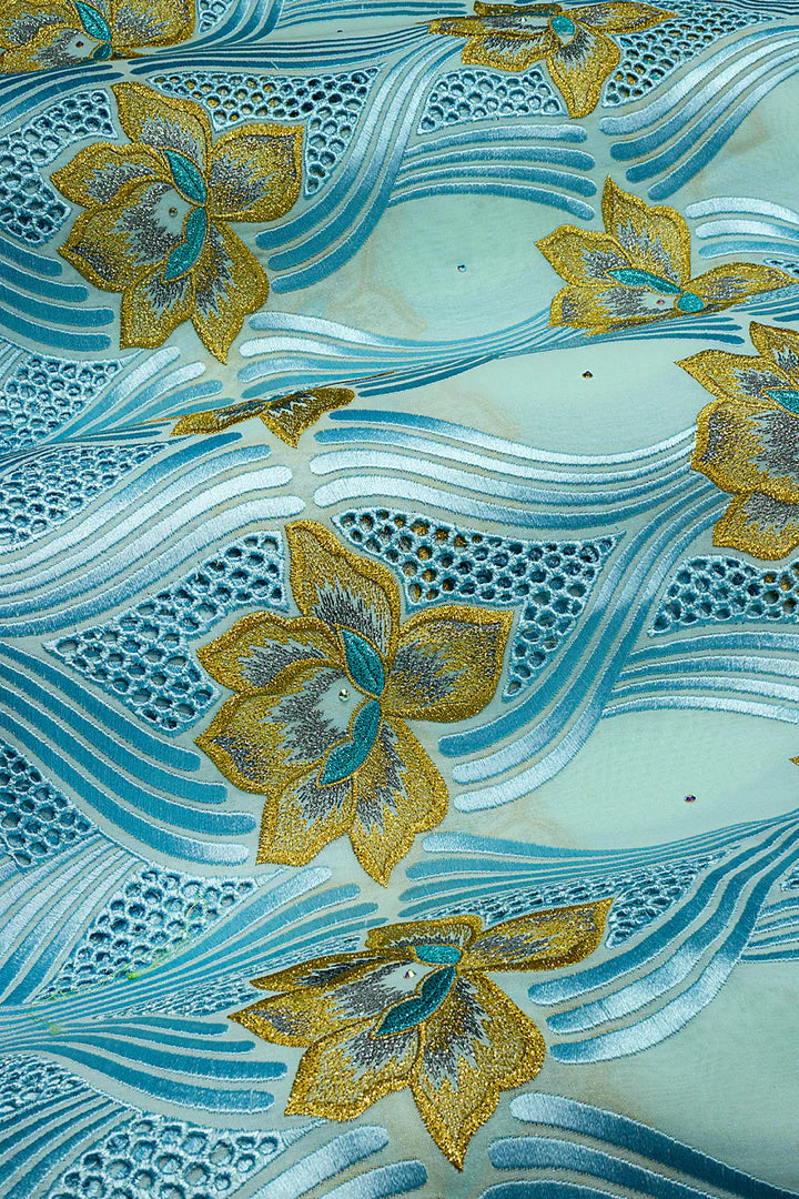 OCL209-AQU - Big Voile Lace, Made In Austria - Aqua, Gold & Turquoise