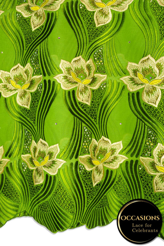 OCL209-LGN - Big Voile Lace, Made In Austria - Leaf Green & Gold