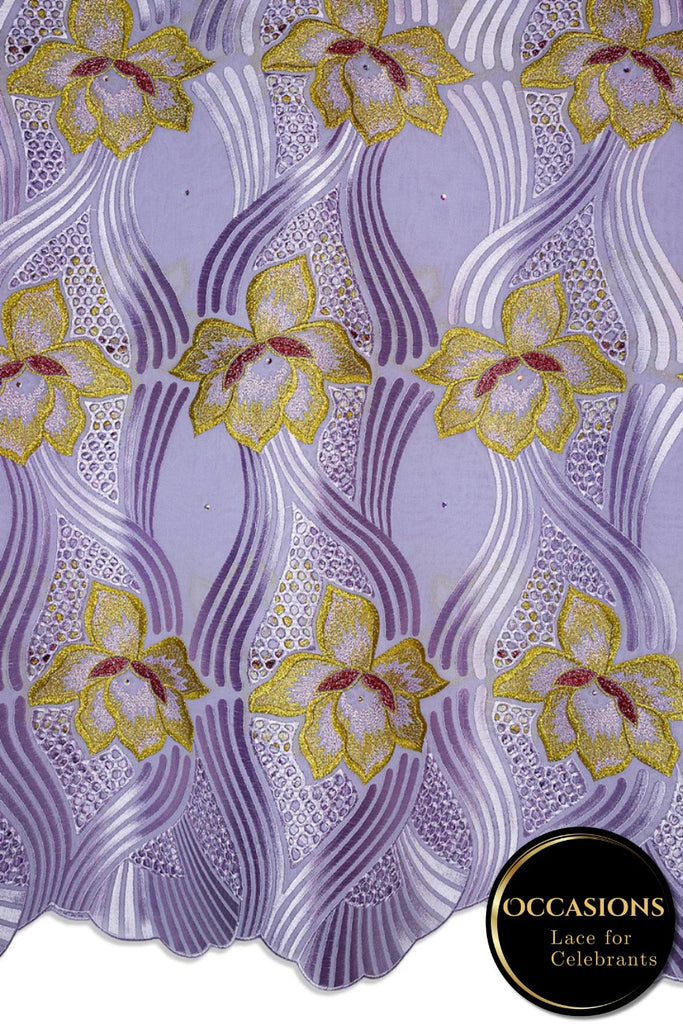 OCL209-LIL - Big Voile Lace, Made In Austria - Lilac, Gold & Red