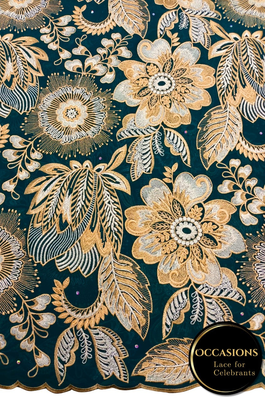 OCL210-BGG - Big Voile Lace, Made In Austria - Bottle Green & Gold