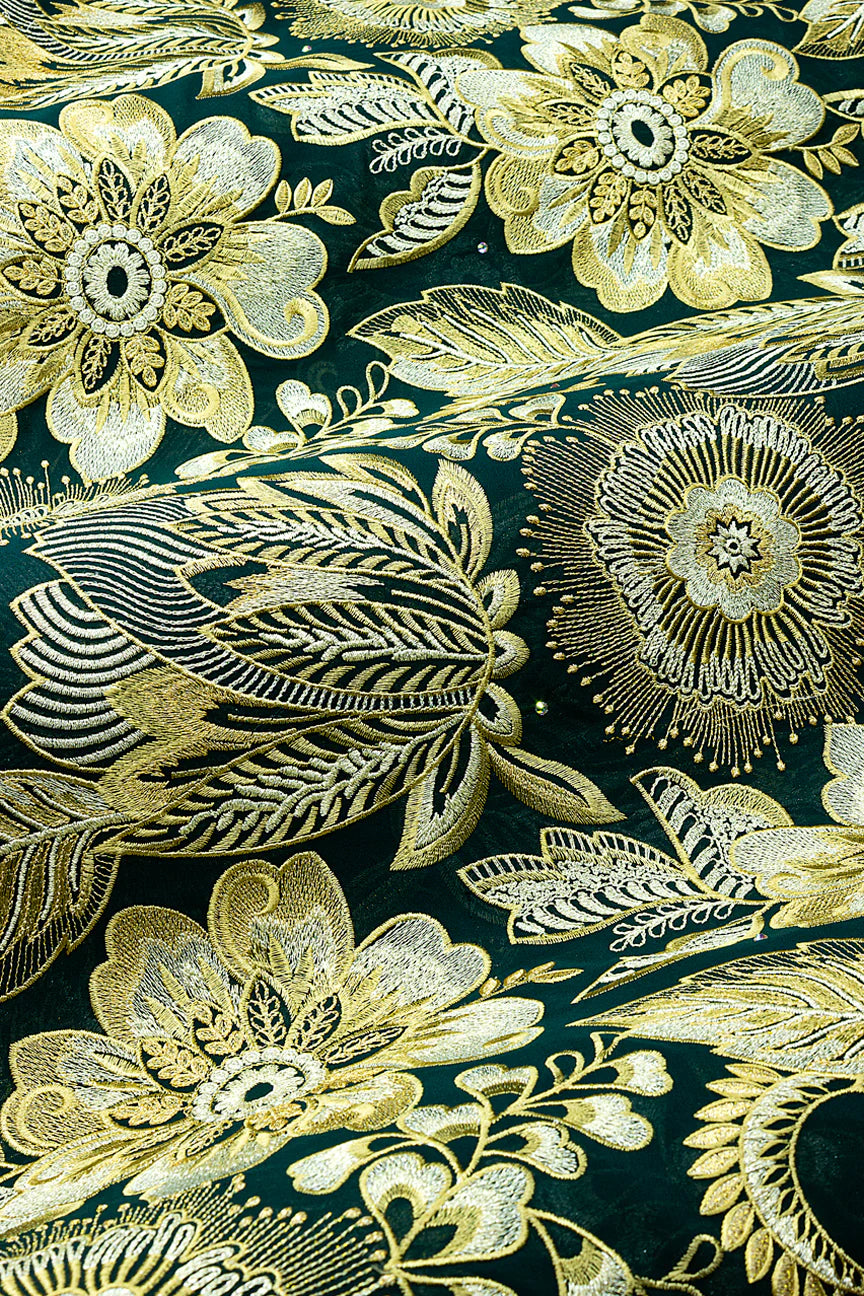 OCL210-BGG - Big Voile Lace, Made In Austria - Bottle Green & Gold