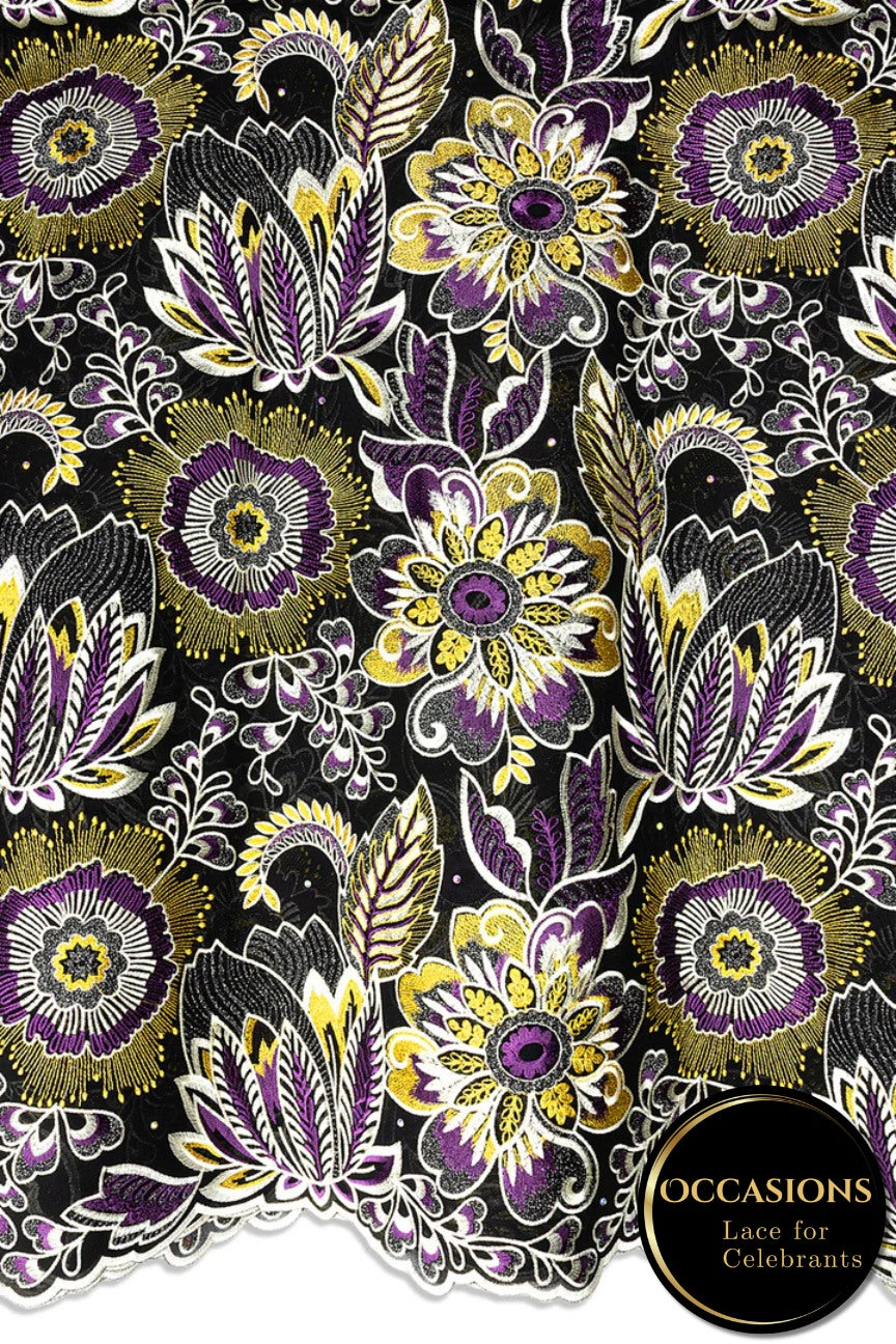 OCL210-BKP - Big Voile Lace, Made In Austria - Black, Ivory, Gold & Plum