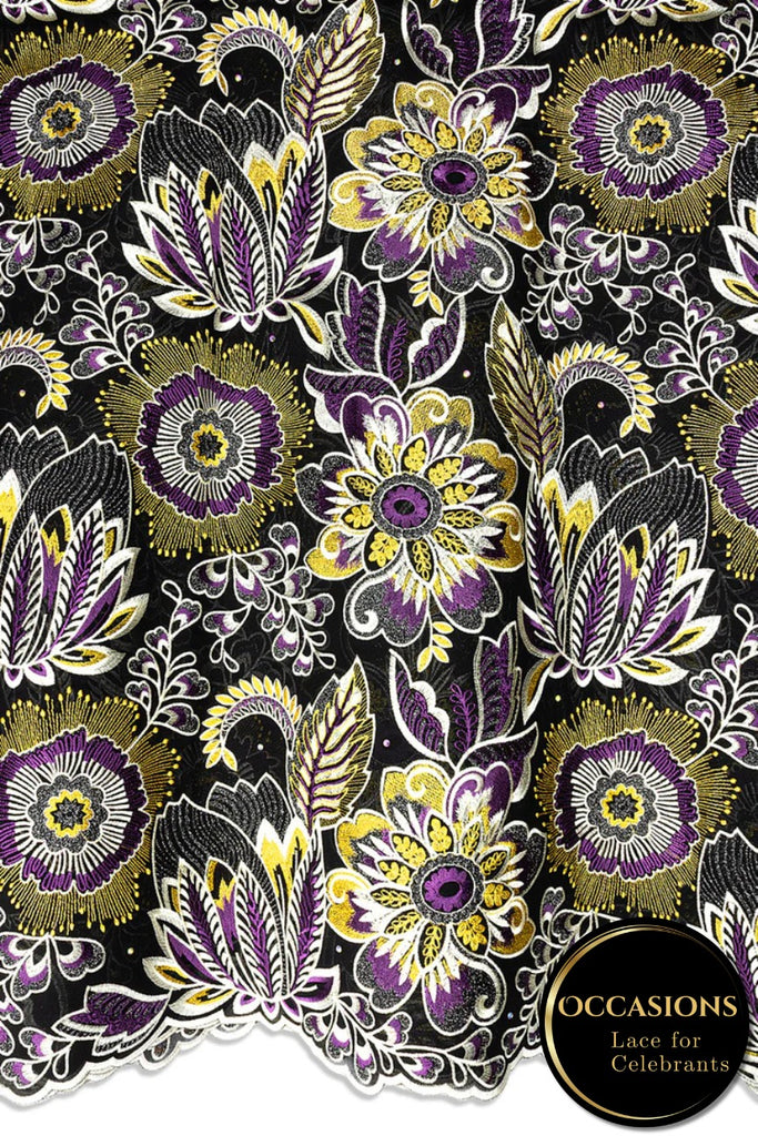 OCL210-BKP - Big Voile Lace, Made In Austria - Black, Ivory, Gold & Plum
