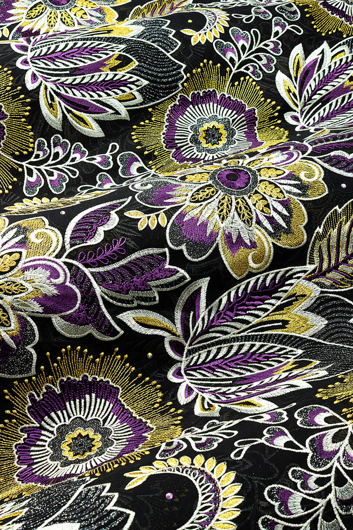 OCL210-BKP - Big Voile Lace, Made In Austria - Black, Ivory, Gold & Plum