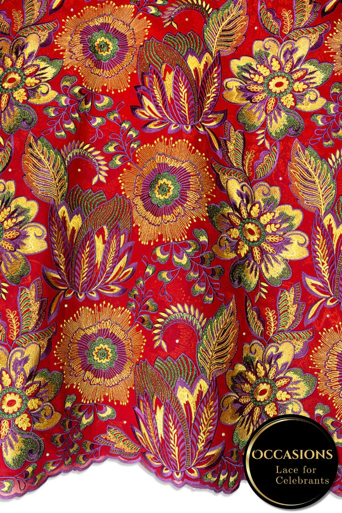 OCL210-RDP - Big Voile Lace, Made In Austria - Red, Antique Gold & Plum Purple