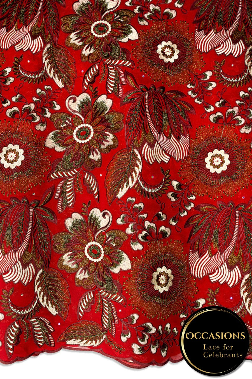 OCL210-RED - Big Voile Lace, Made In Austria - Red & Light Gold