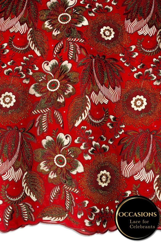 OCL210-RED - Big Voile Lace, Made In Austria - Red & Light Gold
