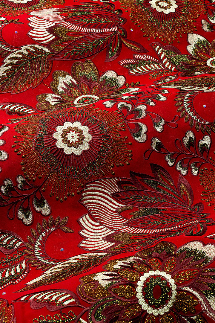 OCL210-RED - Big Voile Lace, Made In Austria - Red & Light Gold