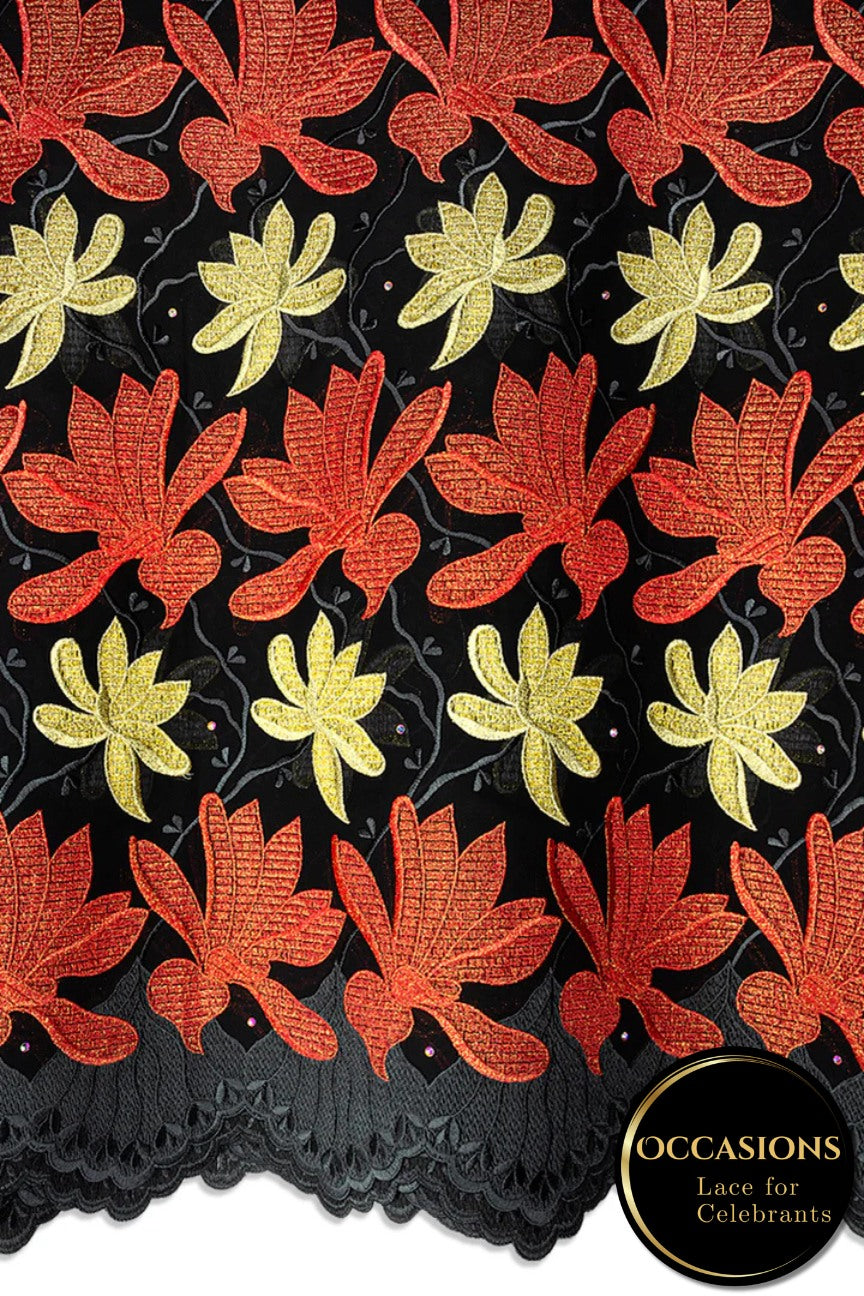OCL211-BKR - Big Voile Lace, Made In Austria - Black, Red Coral & Gold