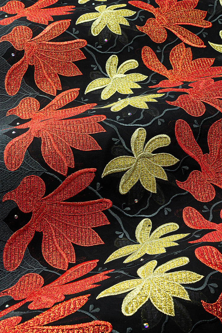 OCL211-BKR - Big Voile Lace, Made In Austria - Black, Red Coral & Gold