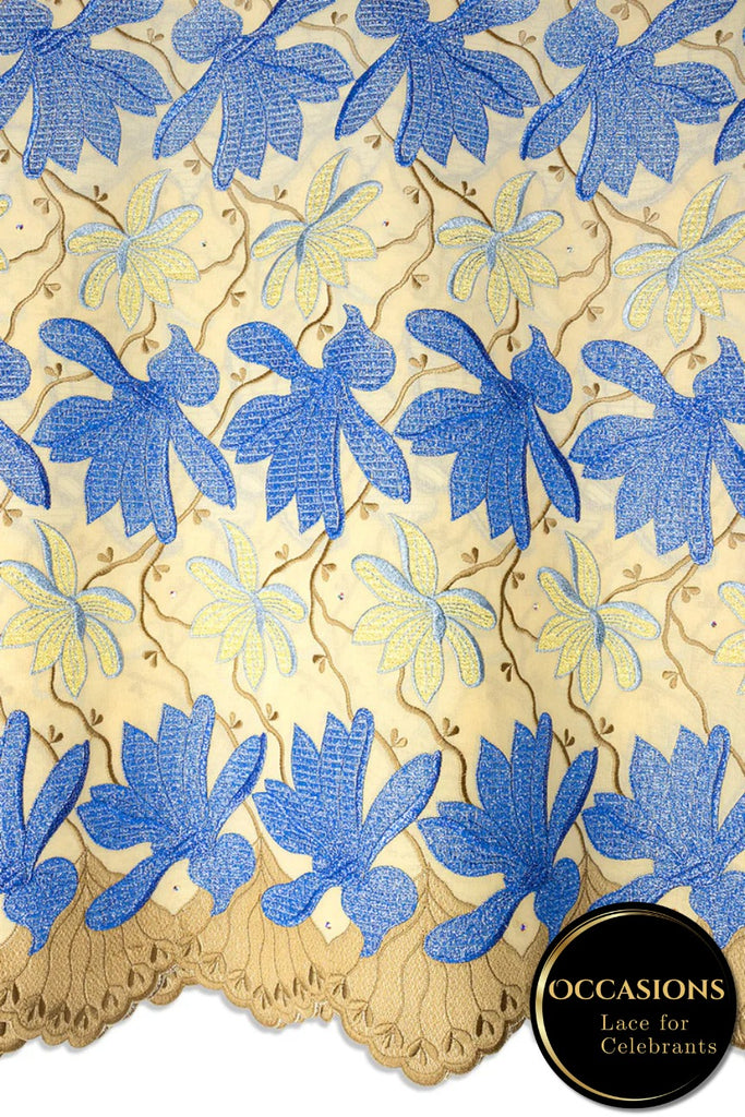 OCL211-CRB - Big Voile Lace, Made In Austria - Cream, Blue & Gold