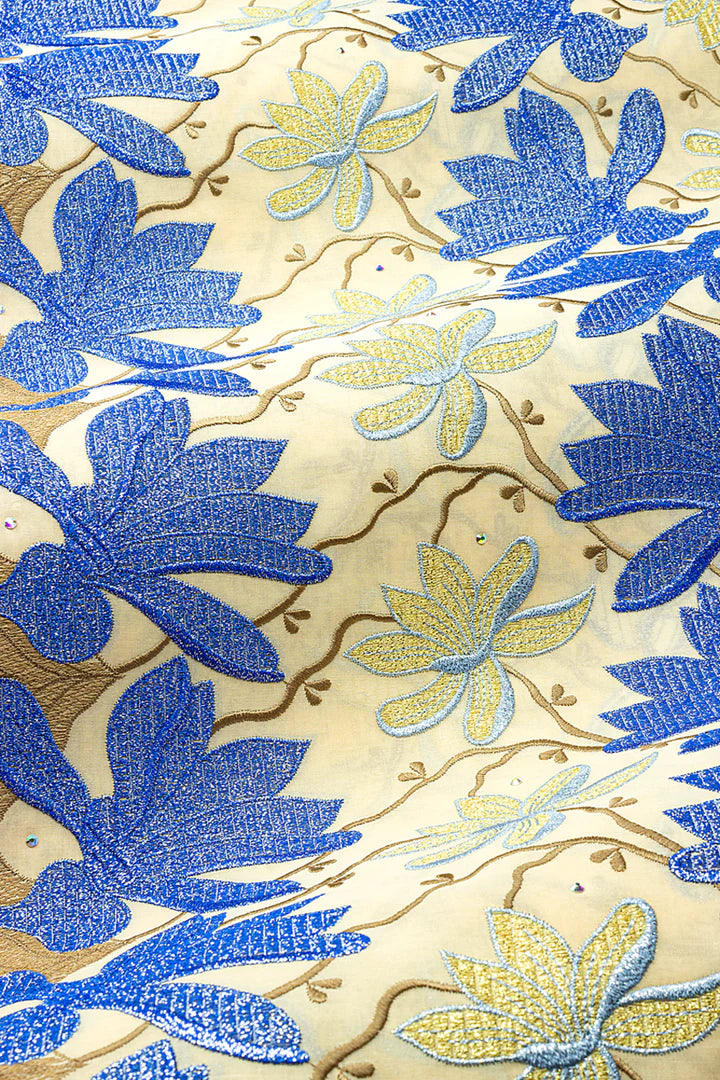 OCL211-CRB - Big Voile Lace, Made In Austria - Cream, Blue & Gold