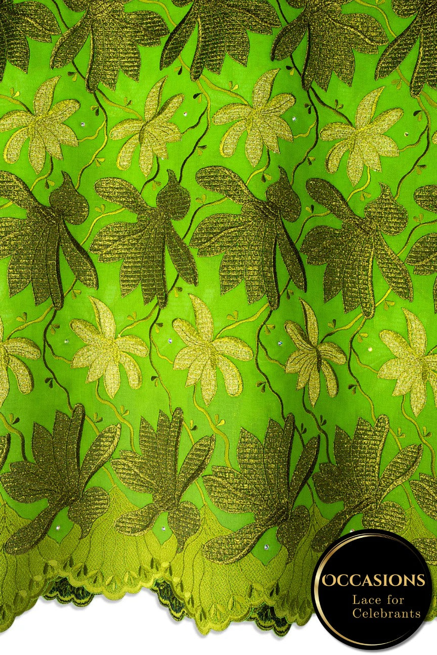 OCL211-LGN - Big Voile Lace, Made In Austria - Leaf Green & Gold