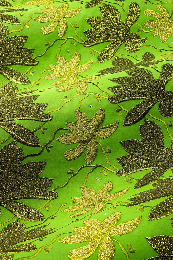 OCL211-LGN - Big Voile Lace, Made In Austria - Leaf Green & Gold