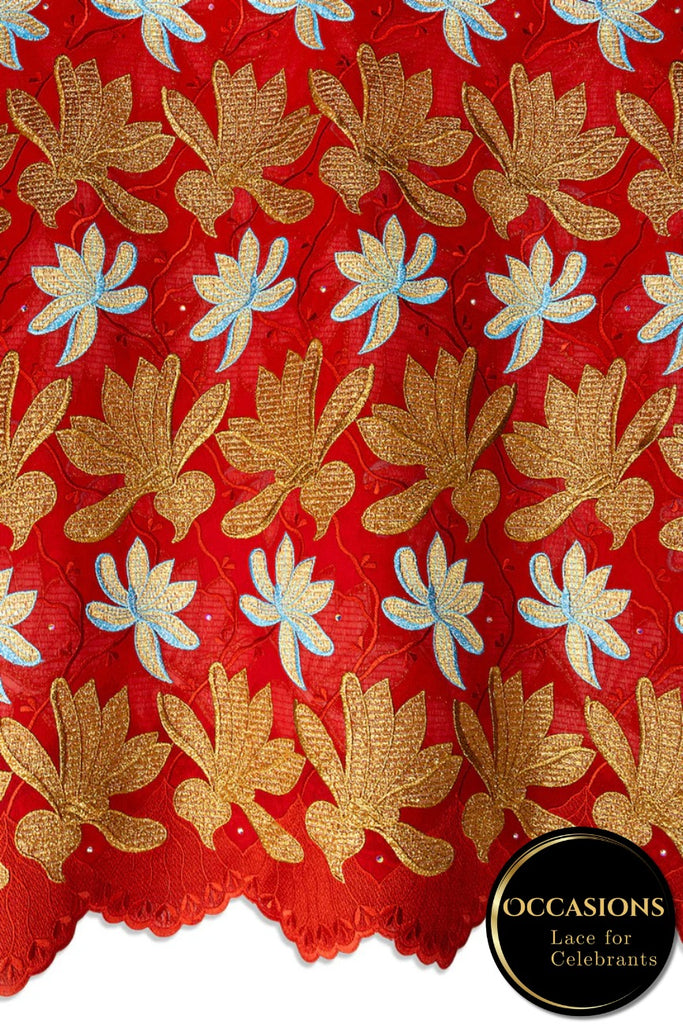 OCL211-RED - Big Voile Lace, Made In Austria - Red, Gold & Sky Blue