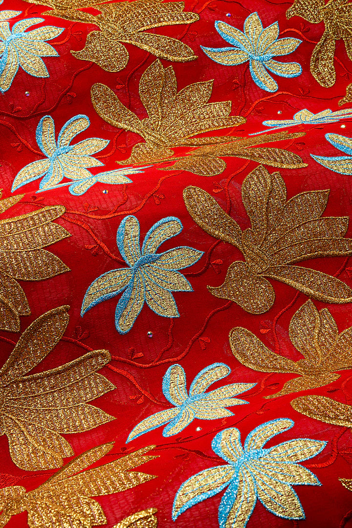 OCL211-RED - Big Voile Lace, Made In Austria - Red, Gold & Sky Blue