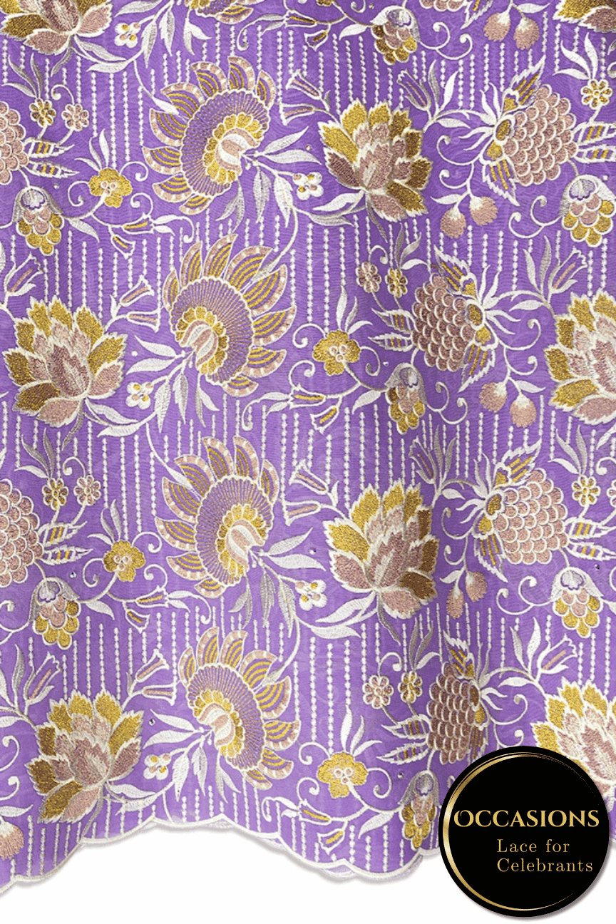 OCL212-LIL - Big Voile Lace, Made In Austria - Lilac, Ivory & Gold