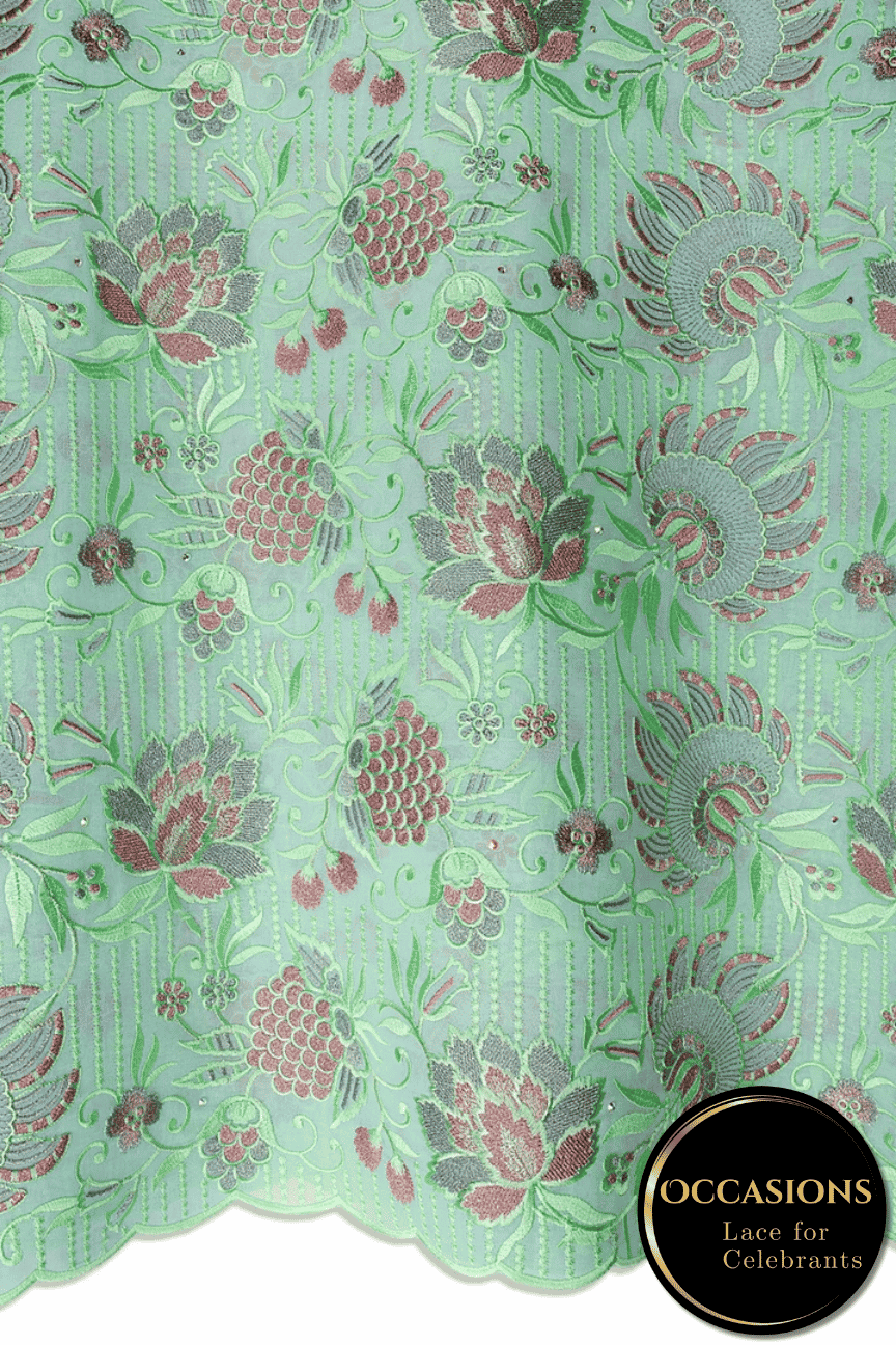 OCL212-MNT - Big Voile Lace, Made In Austria - Mint Green & Pink