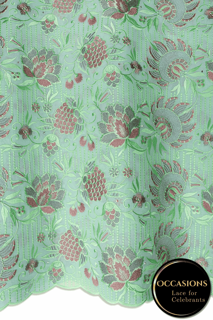 OCL212-MNT - Big Voile Lace, Made In Austria - Mint Green & Pink