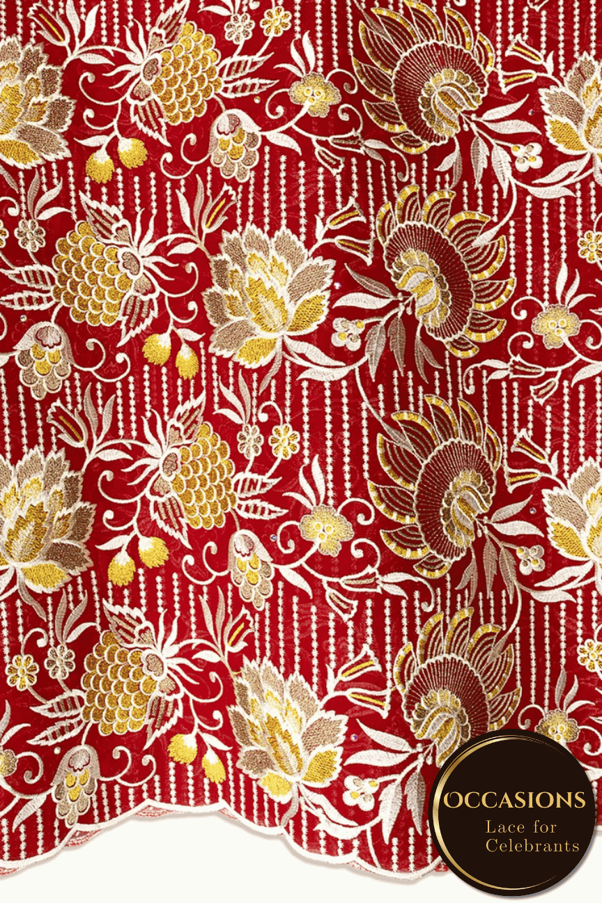 OCL212-RED - Big Voile Lace, Made In Austria - Red, Beige & Gold