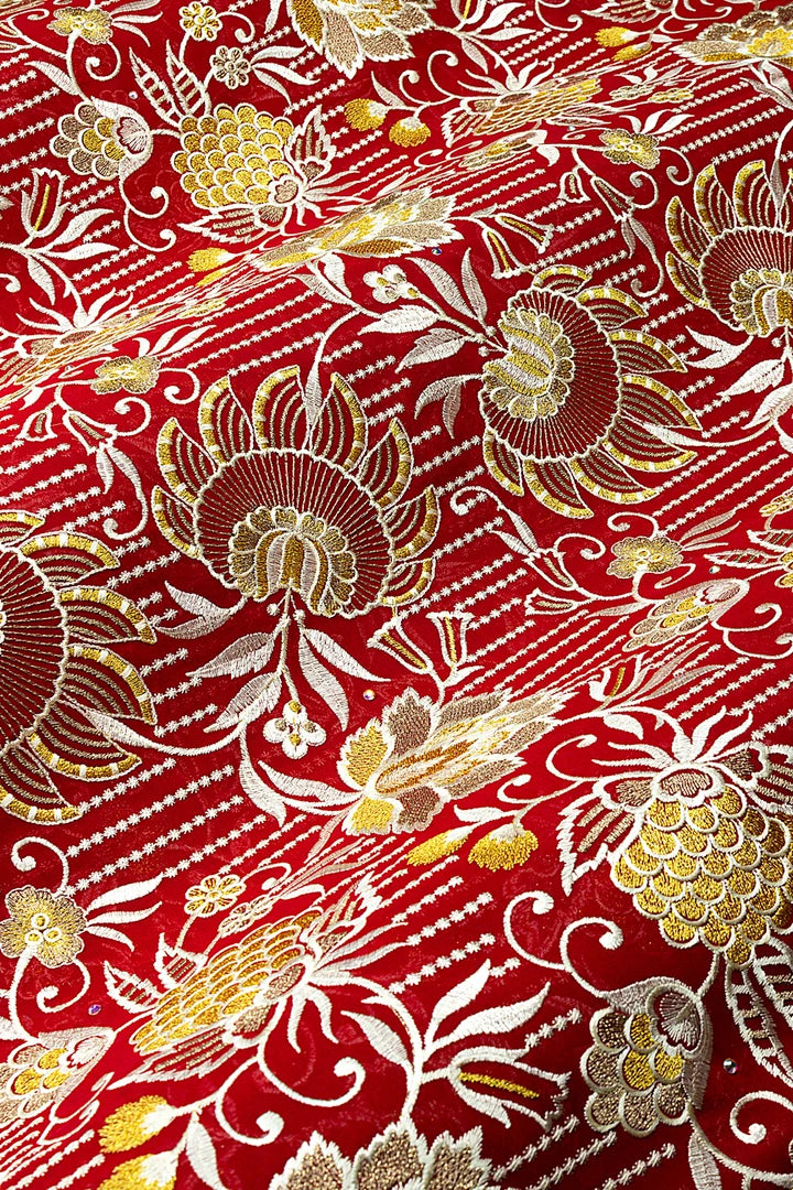 OCL212-RED - Big Voile Lace, Made In Austria - Red, Beige & Gold