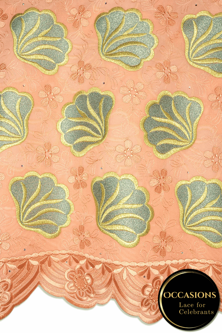 OCL213-PCH - Big Voile Lace, Made In Austria - Peach, Gold & Pine Green