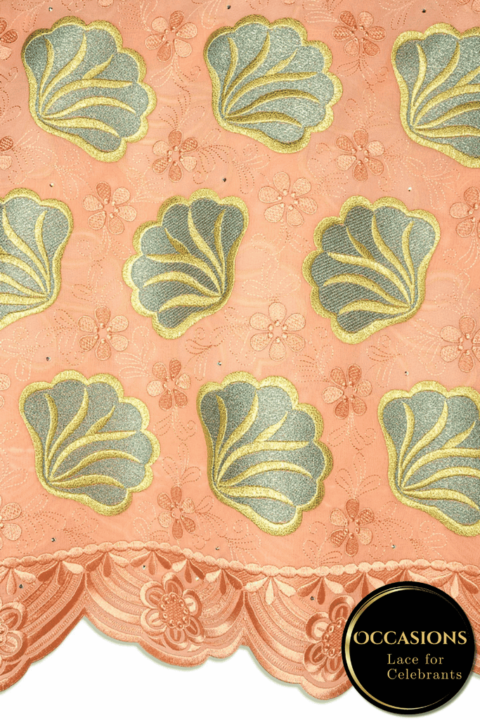 OCL213-PCH - Big Voile Lace, Made In Austria - Peach, Gold & Pine Green