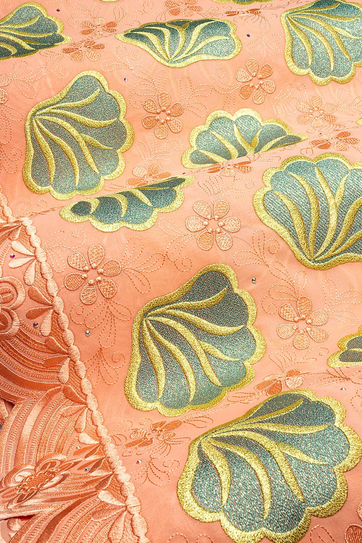 OCL213-PCH - Big Voile Lace, Made In Austria - Peach, Gold & Pine Green