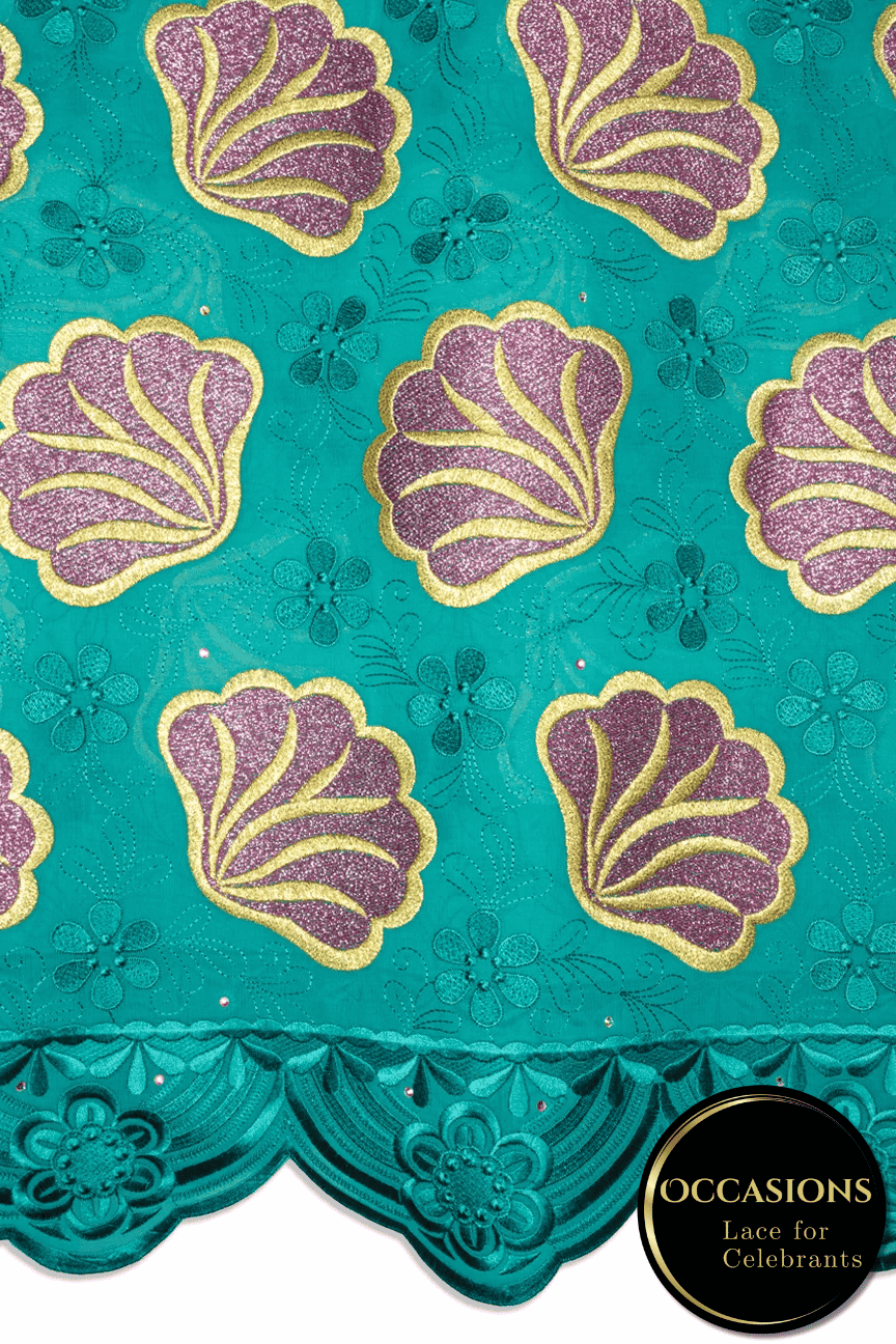 OCL213-PGN - Big Voile Lace, Made In Austria - Pine Green, Gold & Fuchsia Pink