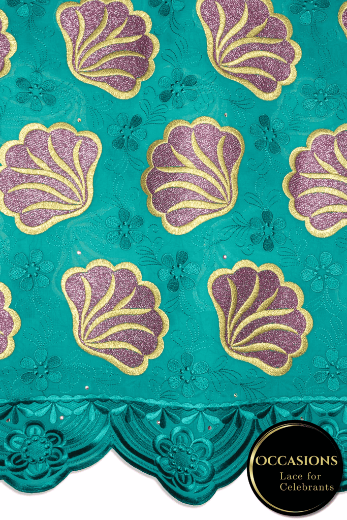 OCL213-PGN - Big Voile Lace, Made In Austria - Pine Green, Gold & Fuchsia Pink