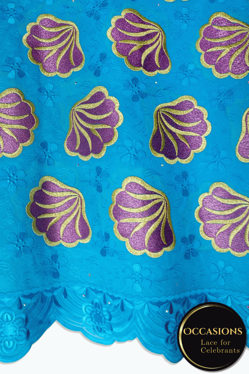 OCL213-TQB - Big Voile Lace, Made In Austria - Turquoise Blue, Gold & Fuchsia Pink
