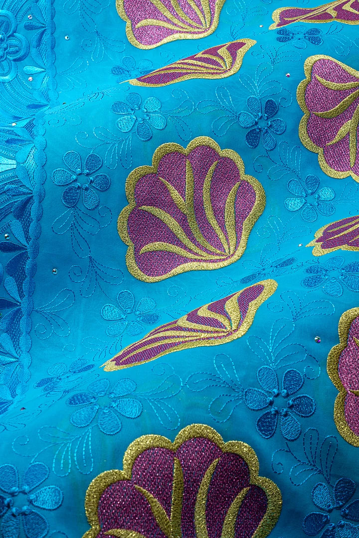 OCL213-TQB - Big Voile Lace, Made In Austria - Turquoise Blue, Gold & Fuchsia Pink
