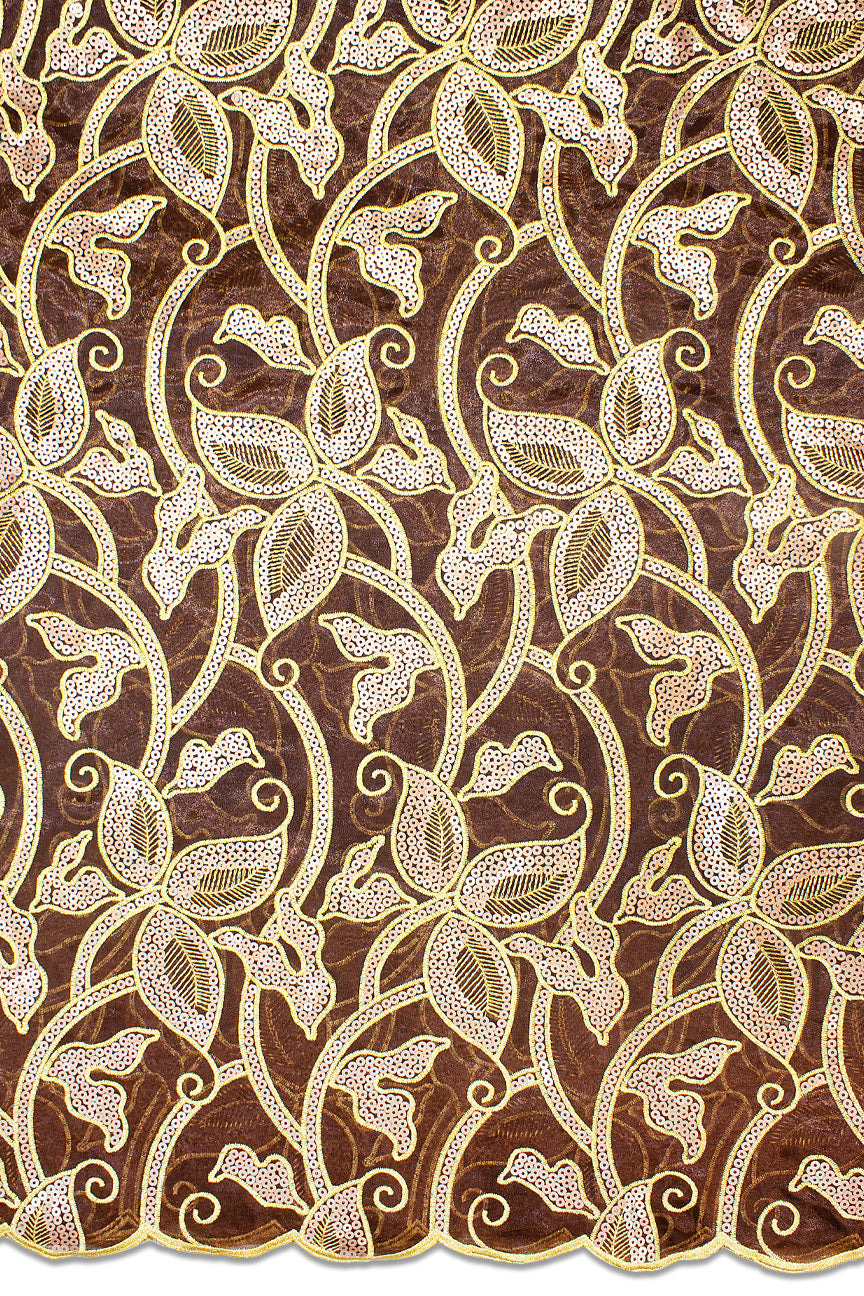 ORG008-CHO - Double Organza Sequined Lace - Chocolate Brown & Gold