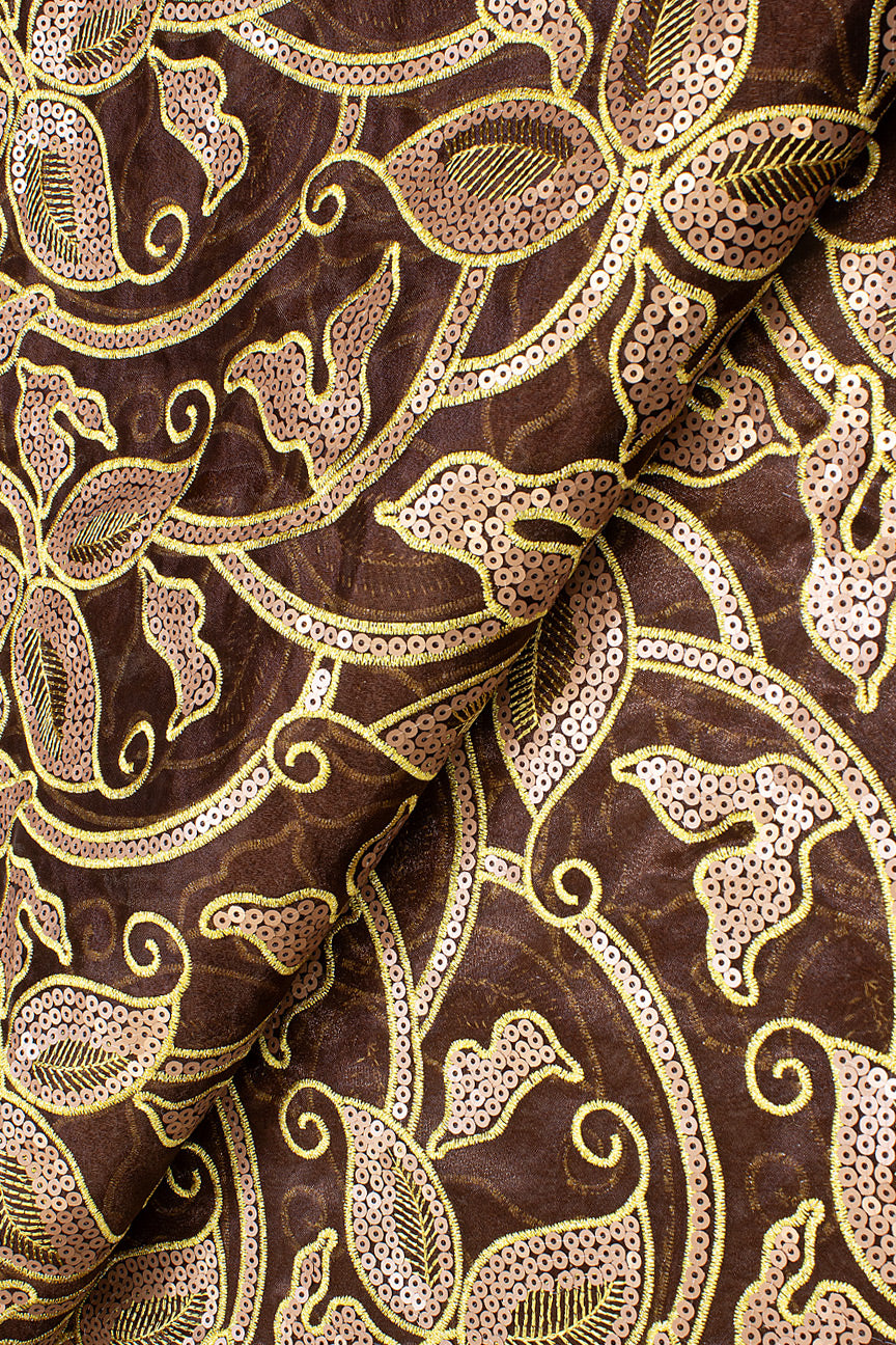 ORG008-CHO - Double Organza Sequined Lace - Chocolate Brown & Gold