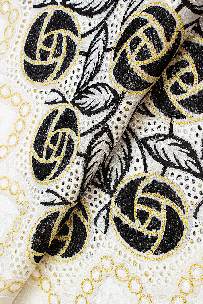PSL039-IVB - Premier Swiss Voile Lace - Ivory, Black & Gold
