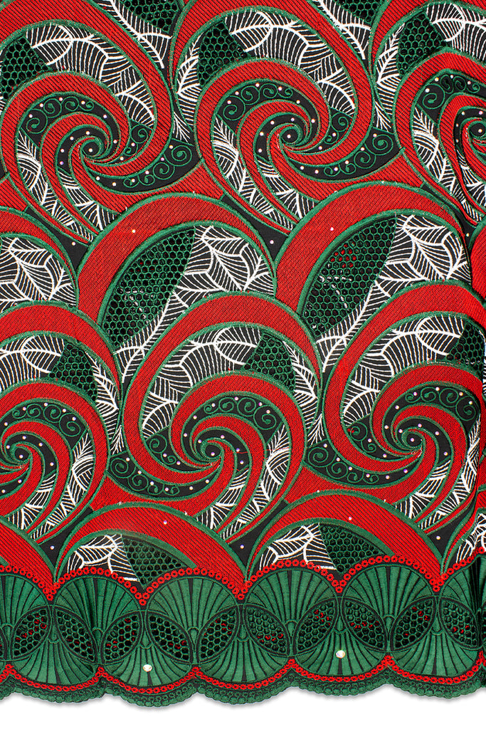 PSL041-BGN - Premier Swiss Voile Lace - Bottle Green, Red & Silver