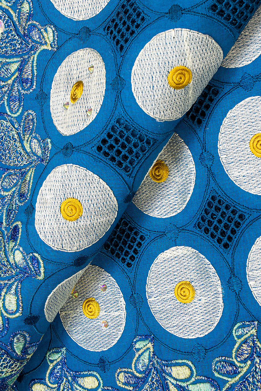 PSL048-BLU - Premier Swiss Voile Lace - Deep Blue, Beige & Gold