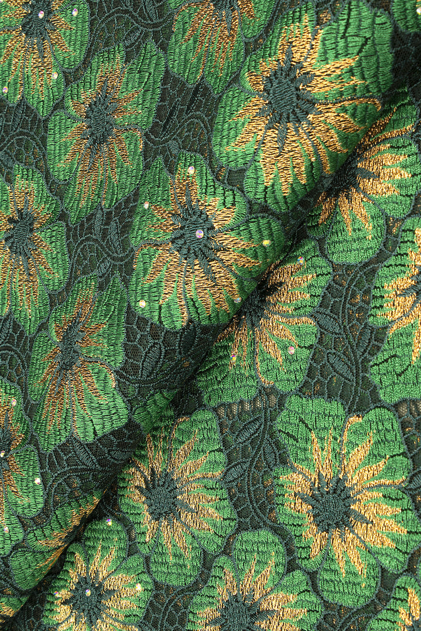 PSL050-GRN - Premier Swiss Net Lace - Bottle Green, Emerald Green & Gold