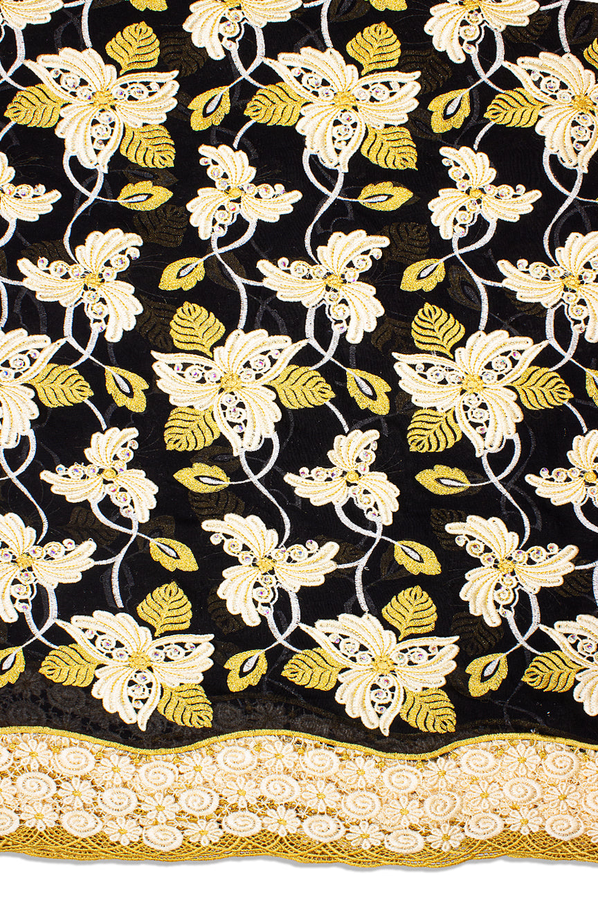 PSL055-BLK - Premier Swiss Voile Lace with Appliqué - Black, Cream & Gold