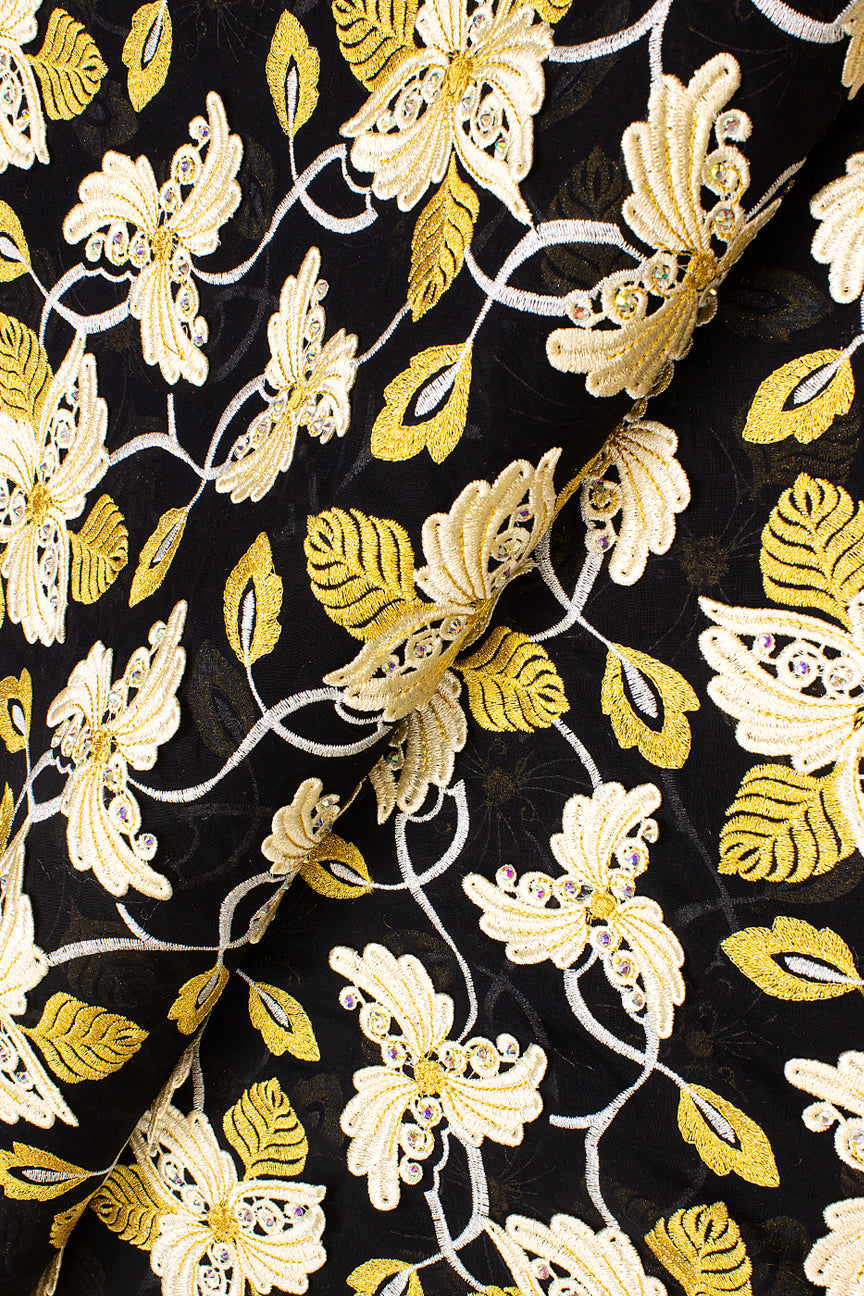 PSL055-BLK - Premier Swiss Voile Lace with Appliqué - Black, Cream & Gold