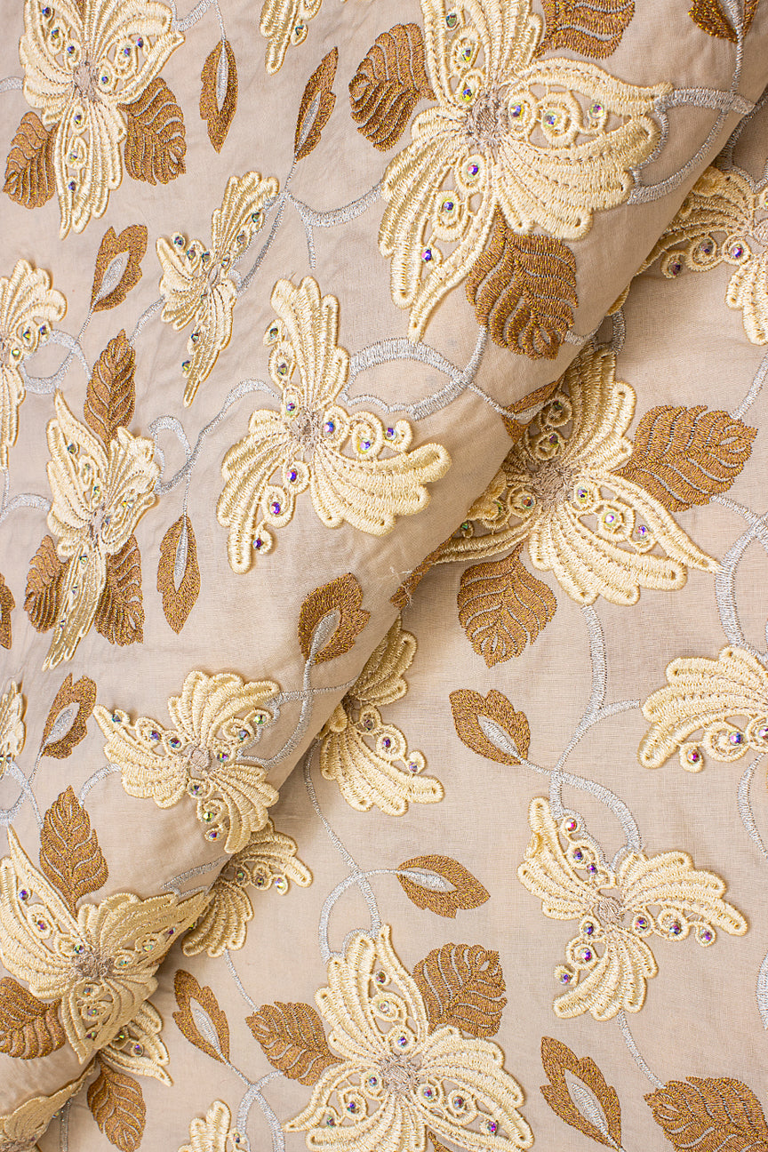PSL055-CRM - Premier Swiss Voile Lace with Appliqué - Cream, Gold & Silver