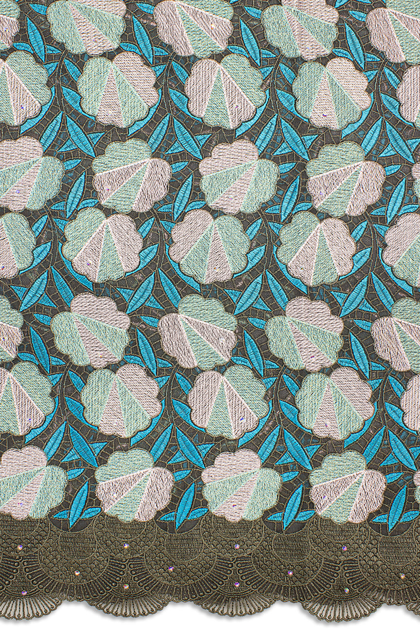 PSL064-CHG - Premier Swiss Net Lace - Charcoal, Turquoise Blue & Light Pink