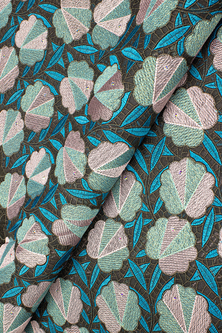 PSL064-CHG - Premier Swiss Net Lace - Charcoal, Turquoise Blue & Light Pink