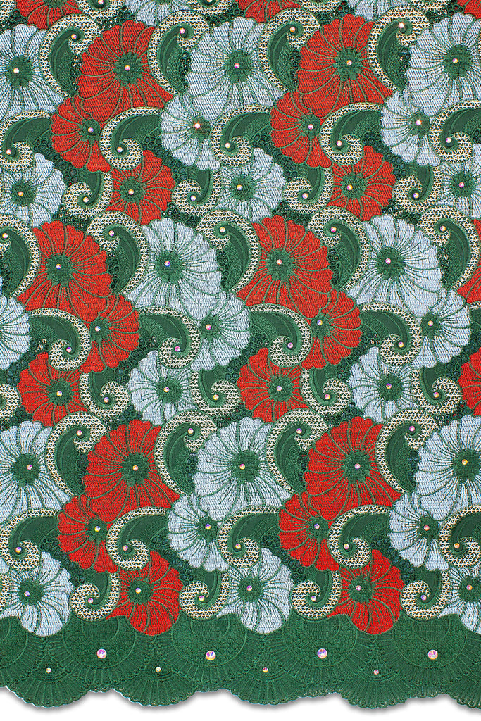 PSL067-EMG - Premier Swiss Voile Lace - Emerald Green, Turquoise, Red & Silver