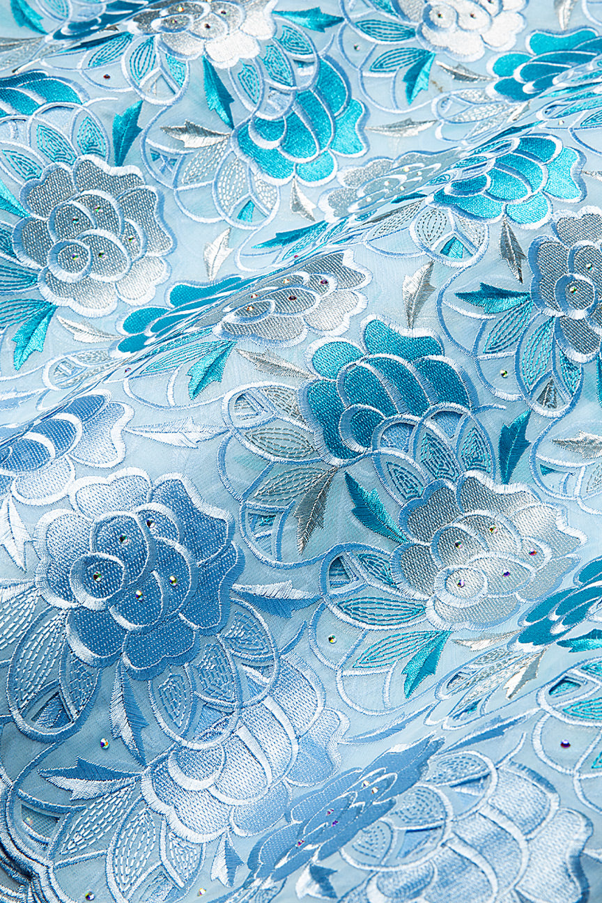 PSL070-SKB - Double Organza Net Handcut Lace - Sky Blue, Turquoise & Silver