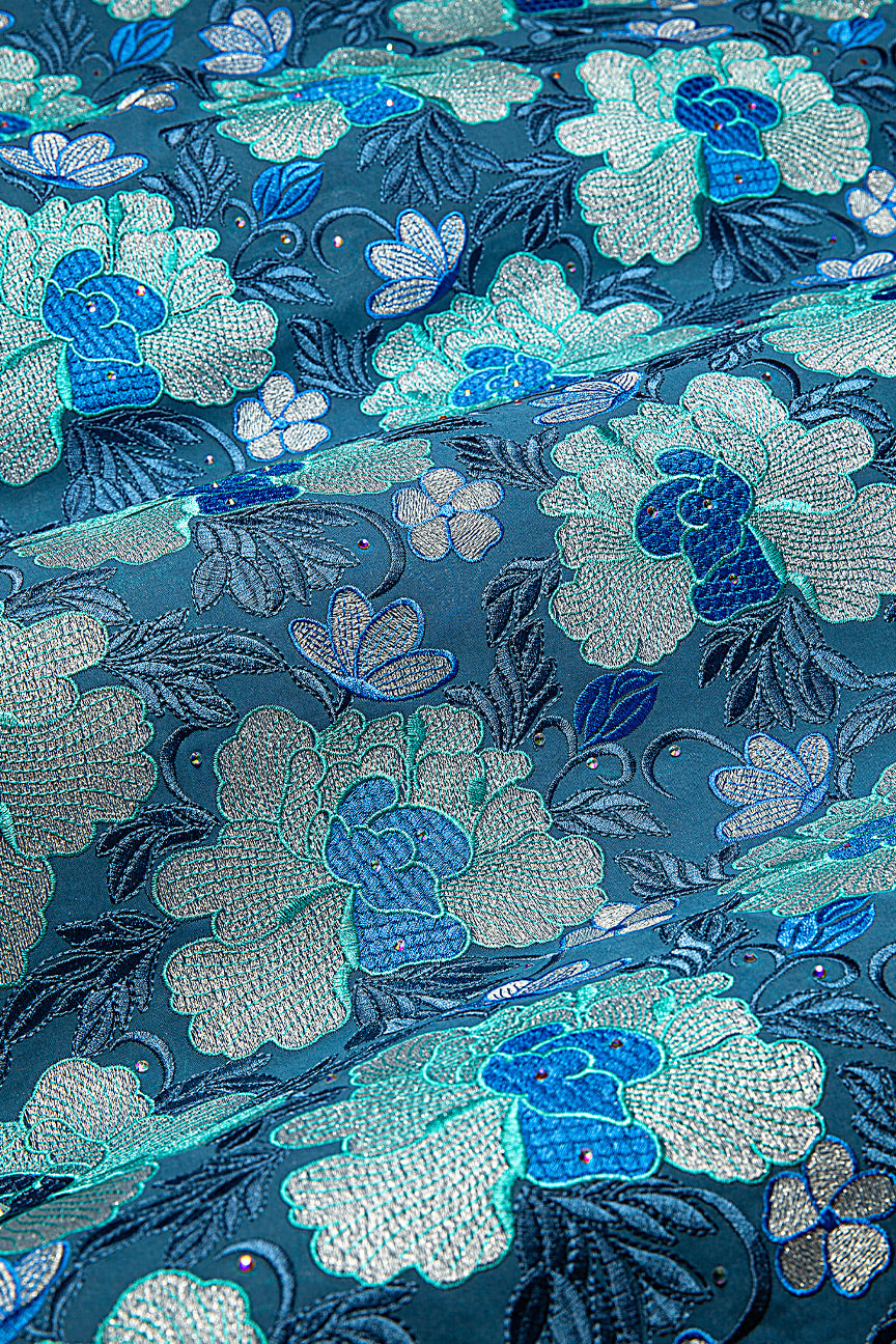 PSL072-PET - Premier Swiss Voile Lace - Petrol Blue, Silver & Turquoise Blue