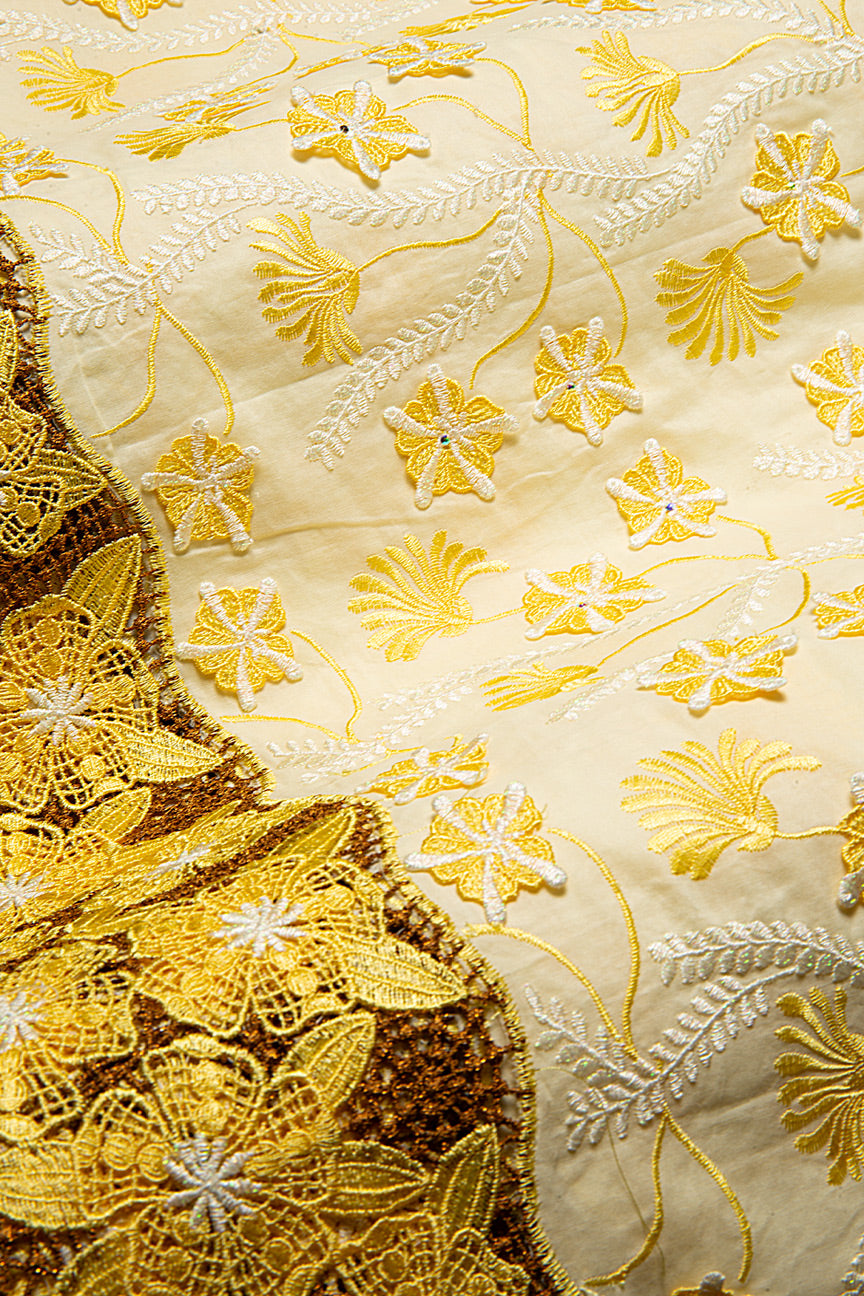 PSL075-CRM - Premier Swiss Voile Lace, Handcut Appliqué - Cream & Yellow