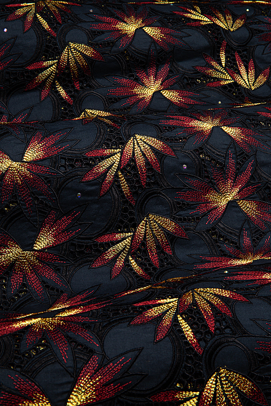 PSL077-BLK - Premier Swiss Voile Lace - Black, Wine & Gold